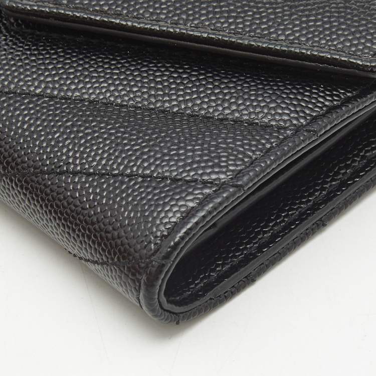 Pre Owned Saint Laurent Black Matelasse Leather Cassandre Trifold Wallet  