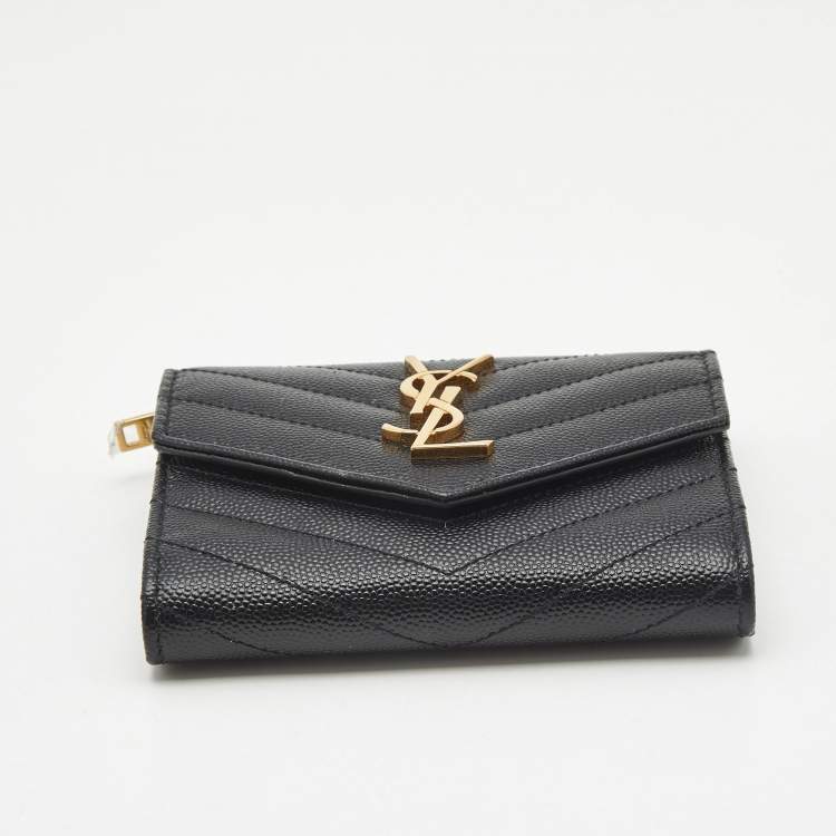 Pre Owned Saint Laurent Black Matelasse Leather Cassandre Trifold Wallet  