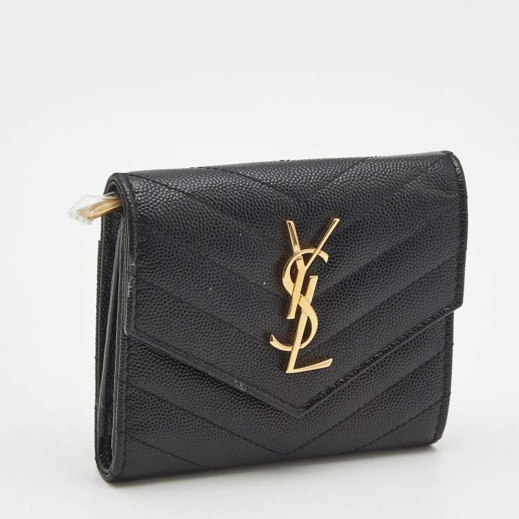 Pre Owned Saint Laurent Black Matelasse Leather Cassandre Trifold Wallet  