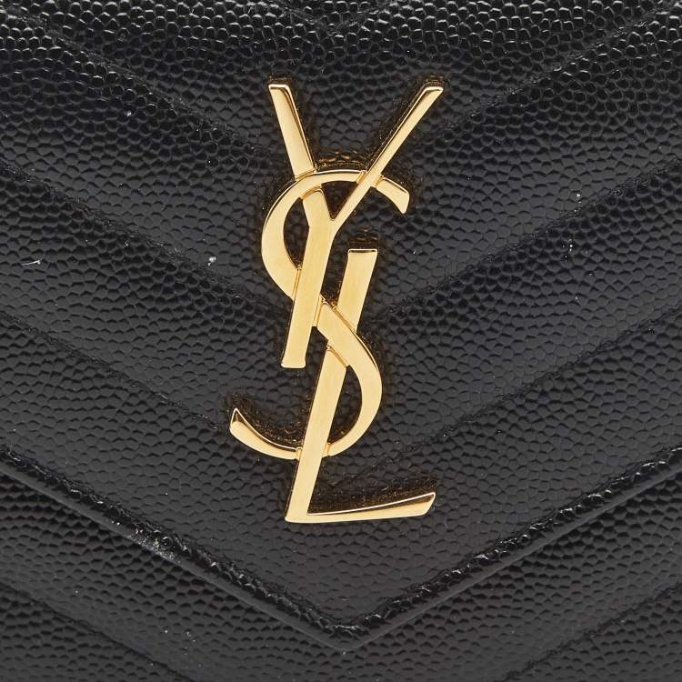 Pre Owned Saint Laurent Black Matelasse Leather Cassandre Trifold Wallet  