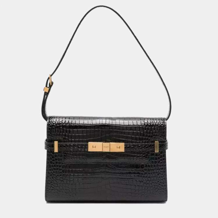 Pre Owned Saint Laurent Manhattan Black Embossed Leather Shoulder Bag