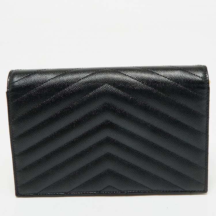 Pre Owned Saint Laurent Black Matelassé Leather Cassandre Envelope Wallet on Chain