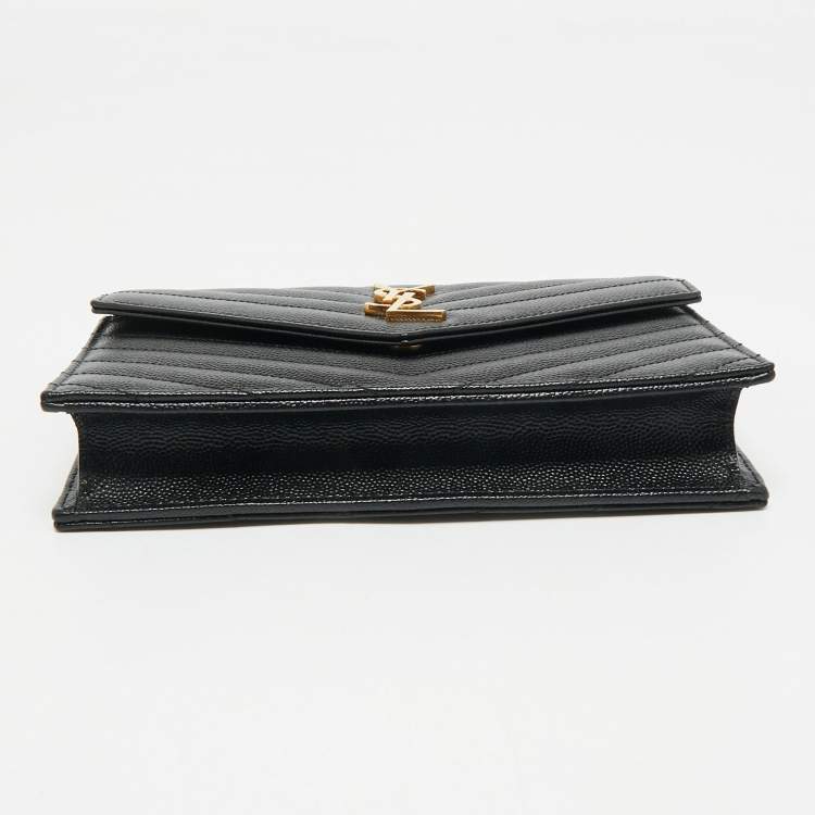 Pre Owned Saint Laurent Black Matelassé Leather Cassandre Envelope Wallet on Chain