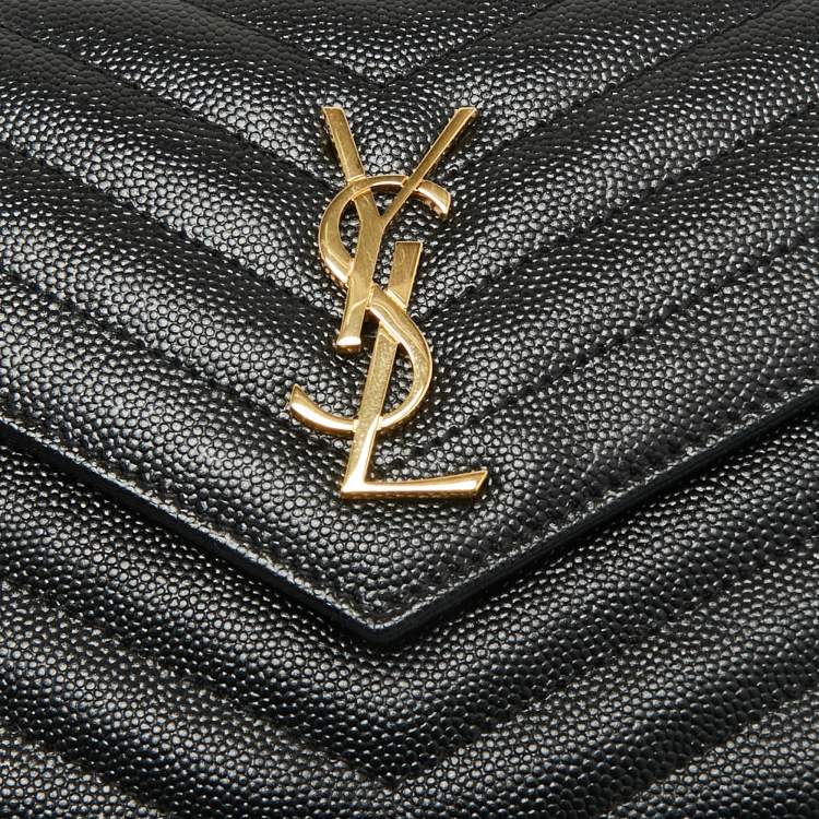 Pre Owned Saint Laurent Black Matelassé Leather Cassandre Envelope Wallet on Chain