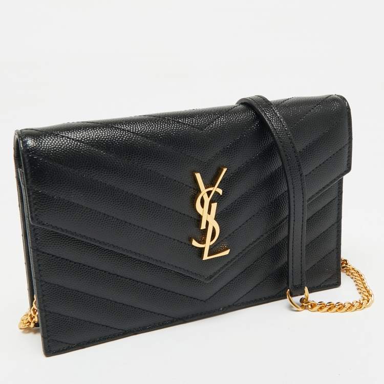 Pre Owned Saint Laurent Black Matelassé Leather Cassandre Envelope Wallet on Chain