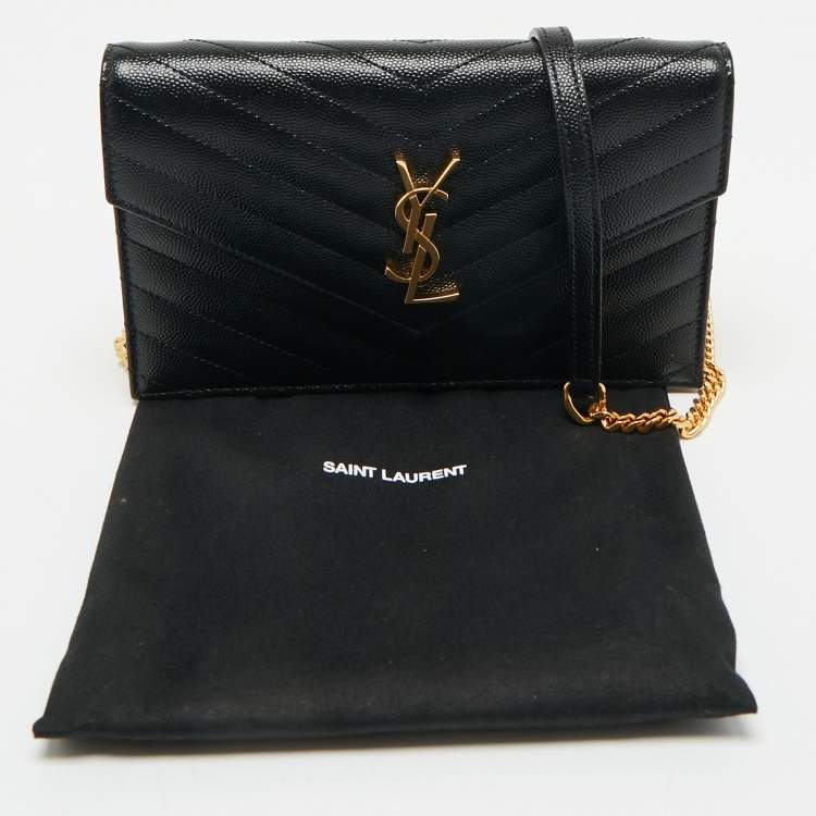 Pre Owned Saint Laurent Black Matelassé Leather Cassandre Envelope Wallet on Chain