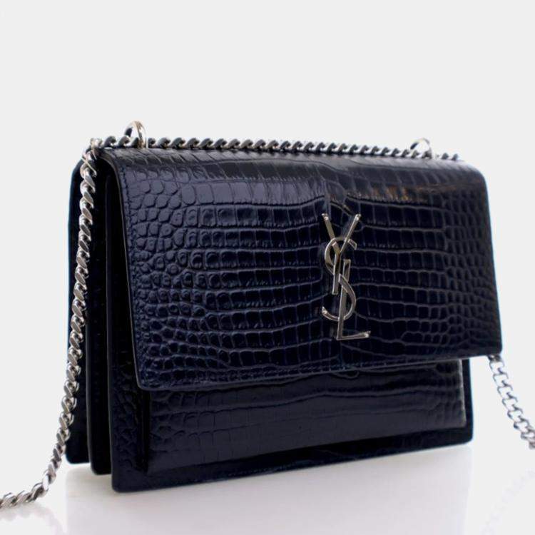 Pre Owned Saint Laurent Sunset Medium Blue Embossed Calfskin Shoulder Bag