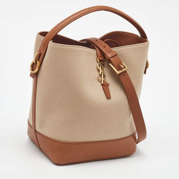 Pre Owned Saint Laurent Beige/Brown Canvas and Leather Le 37 Bucket Bag