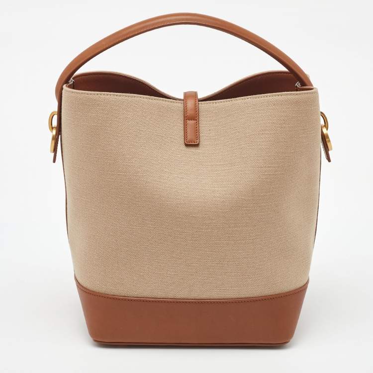 Pre Owned Saint Laurent Beige/Brown Canvas and Leather Le 37 Bucket Bag