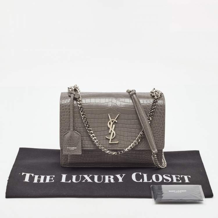 مملوكة مسبقًا Saint Laurent Grey Croc Embossed Leather Medium Sunset Shoulder Bag
