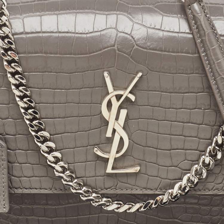 مملوكة مسبقًا Saint Laurent Grey Croc Embossed Leather Medium Sunset Shoulder Bag