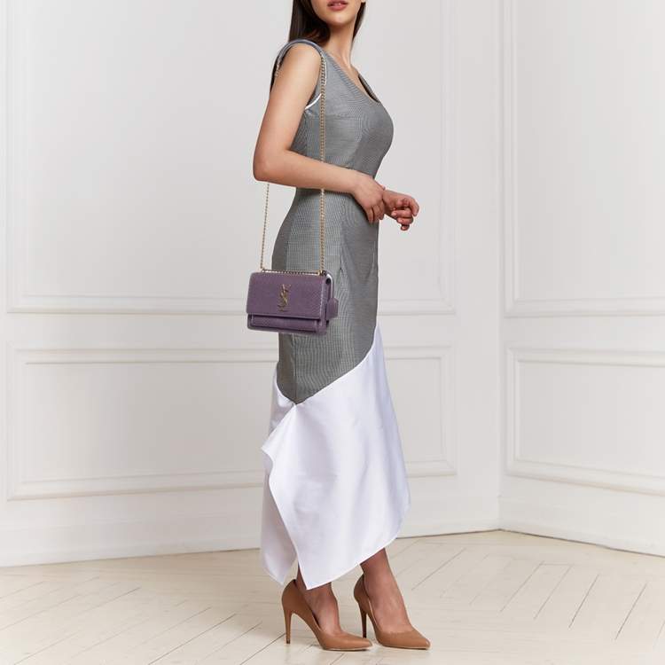 Pre Owned Saint Laurent Purple Python Small Sunset Chain Shoulder Bag