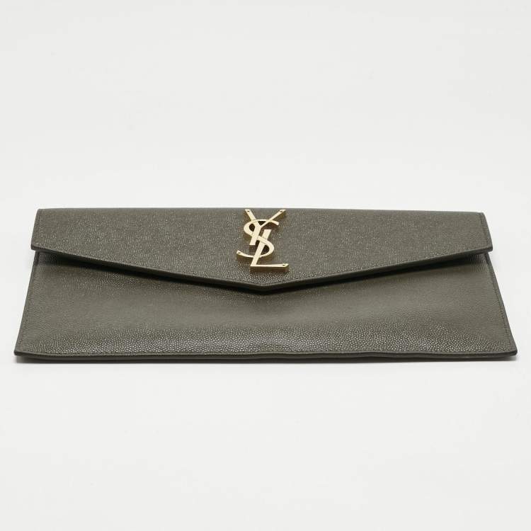 Pre Owned Saint Laurent Olive Green Leather Uptown Clutch
