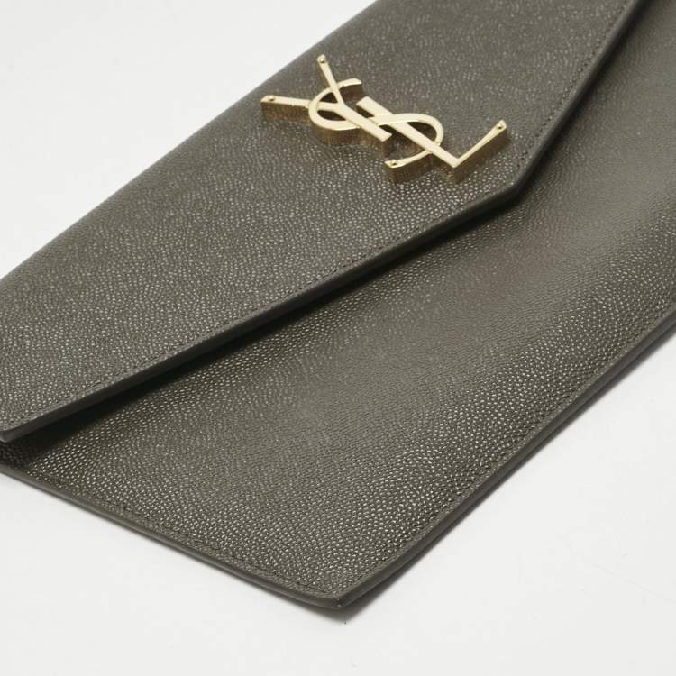 Pre Owned Saint Laurent Olive Green Leather Uptown Clutch