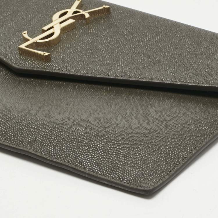 Pre Owned Saint Laurent Olive Green Leather Uptown Clutch