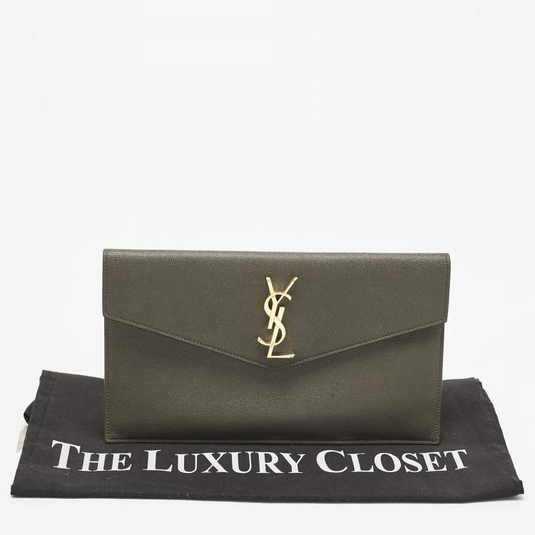 Pre Owned Saint Laurent Olive Green Leather Uptown Clutch