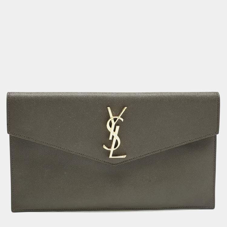 Pre Owned Saint Laurent Olive Green Leather Uptown Clutch