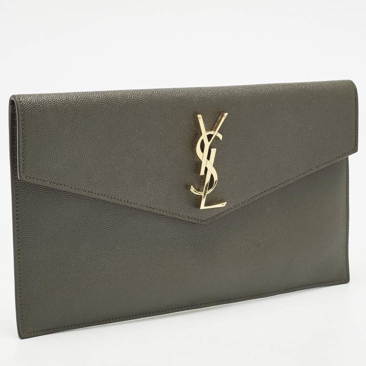 Pre Owned Saint Laurent Olive Green Leather Uptown Clutch