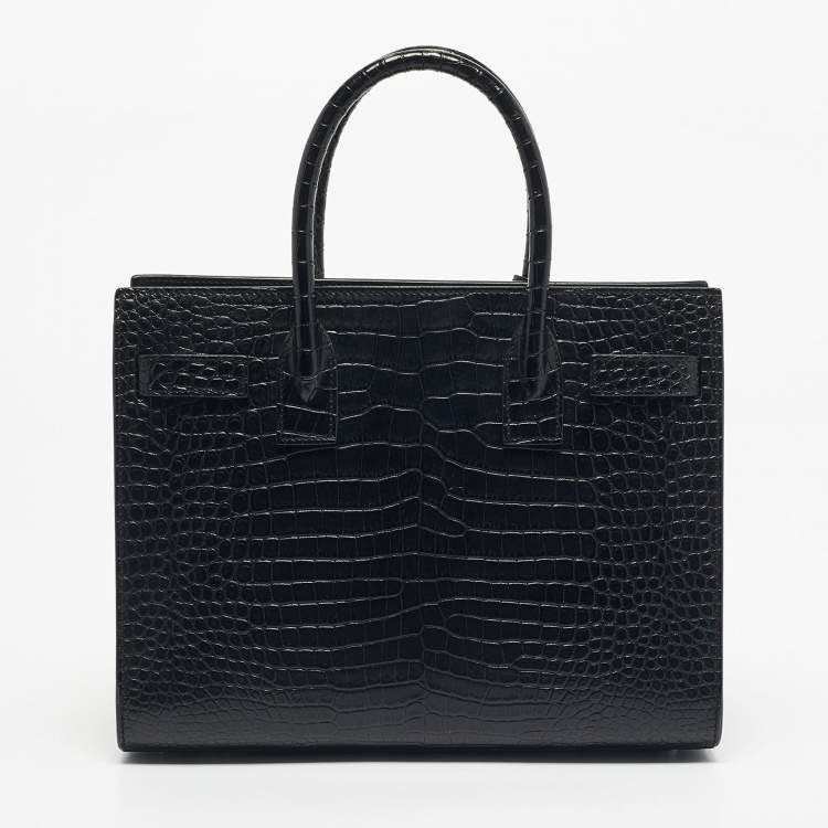 Pre Owned Saint Laurent Black Croc Embossed Leather Baby Classic Sac De Jour Tote