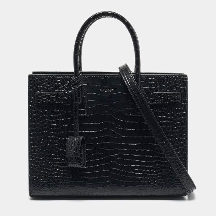 Pre Owned Saint Laurent Black Croc Embossed Leather Baby Classic Sac De Jour Tote