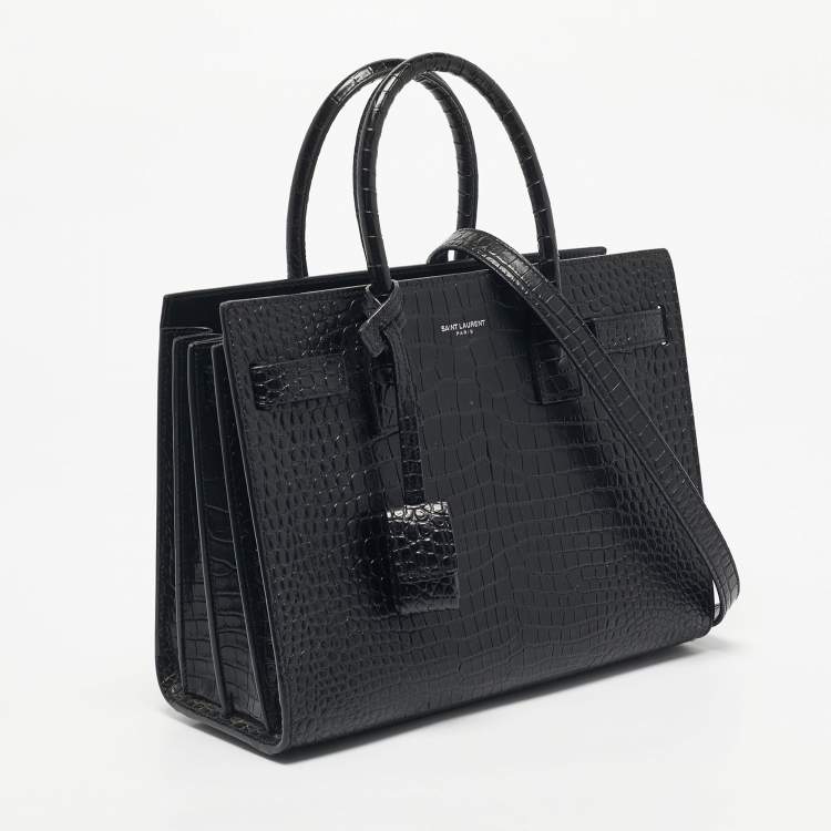 Pre Owned Saint Laurent Black Croc Embossed Leather Baby Classic Sac De Jour Tote