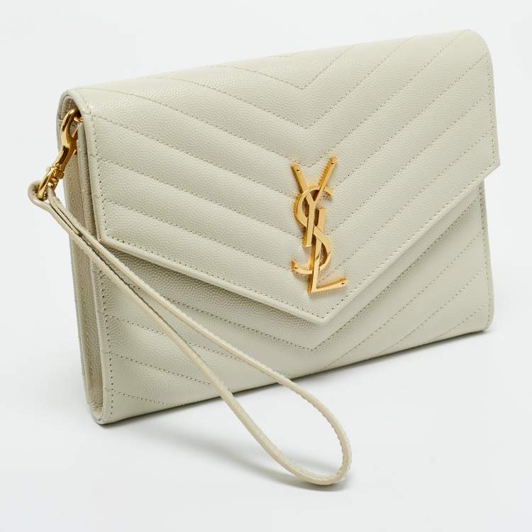 Pre Owned Saint Laurent Off White Matelasse Leather Cassandre Wristlet Clutch