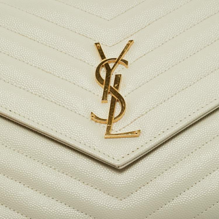 Pre Owned Saint Laurent Off White Matelasse Leather Cassandre Wristlet Clutch