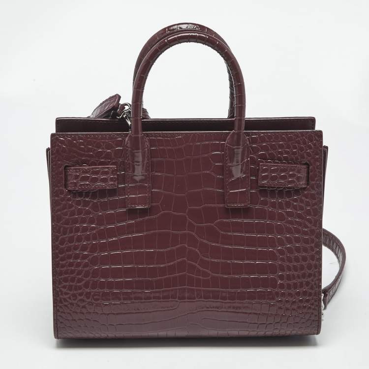 Pre Owned Saint Laurent Burgundy Croc Embossed Leather Nano Classic Sac De Jour Tote