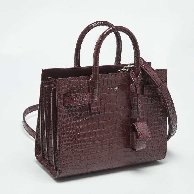 Pre Owned Saint Laurent Burgundy Croc Embossed Leather Nano Classic Sac De Jour Tote