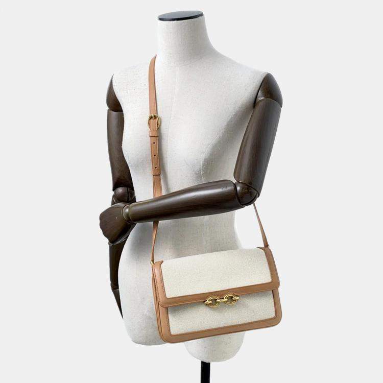 Pre Owned Saint Laurent Paris Le Maillon Beige Ivory Leather Canvas Shoulder Bag
