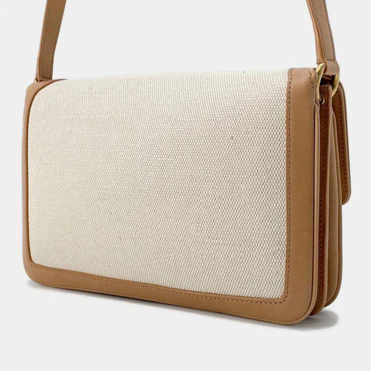 Pre Owned Saint Laurent Paris Le Maillon Beige Ivory Leather Canvas Shoulder Bag