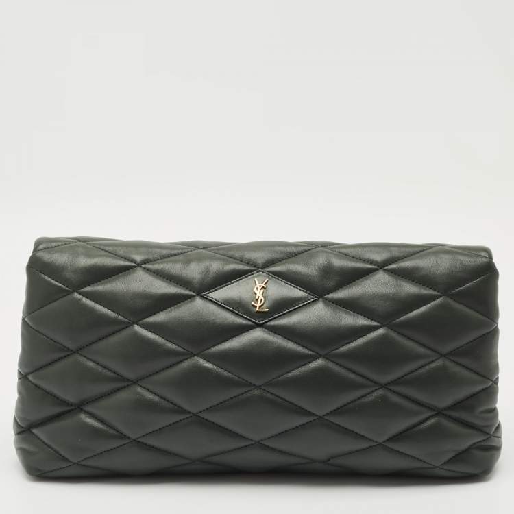 مملوكة مسبقًا Saint Laurent Dark Green Quilted Leather Puffer Sade Envelope Clutch
