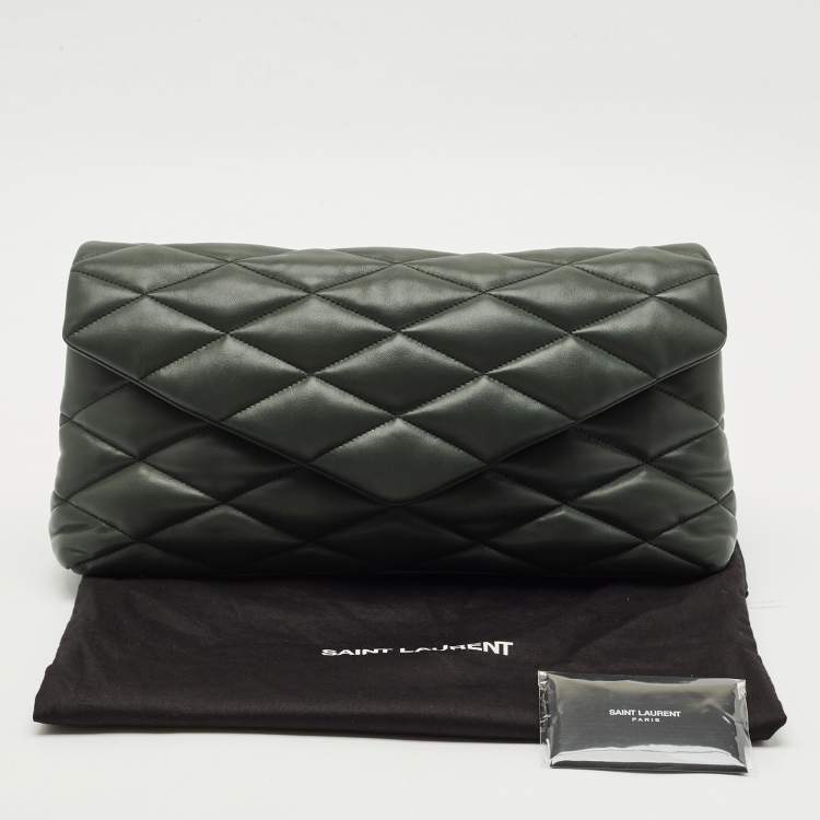مملوكة مسبقًا Saint Laurent Dark Green Quilted Leather Puffer Sade Envelope Clutch