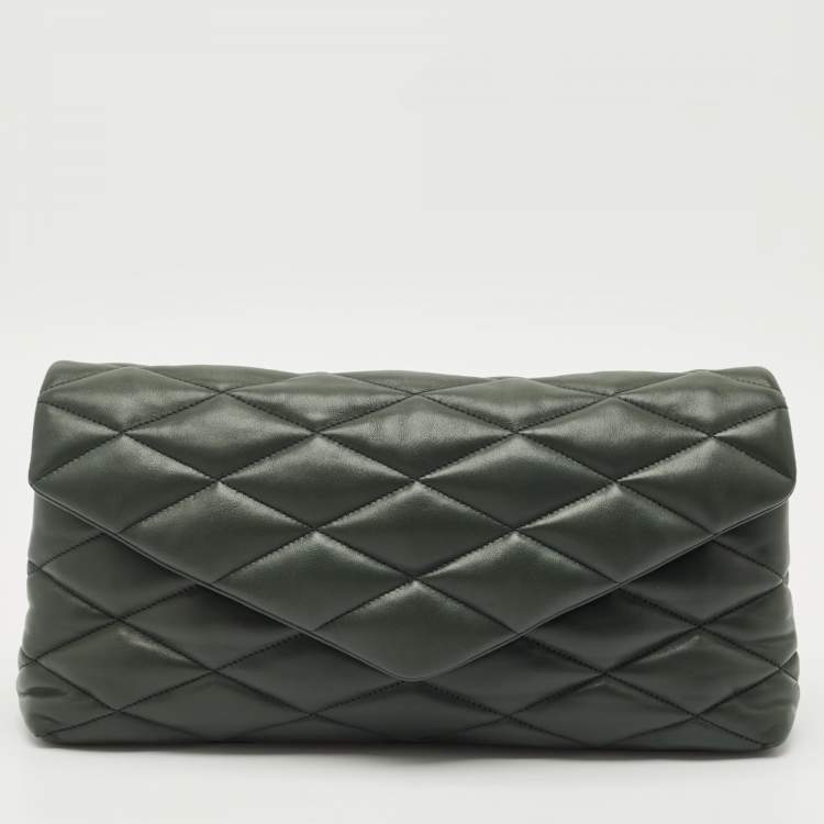 مملوكة مسبقًا Saint Laurent Dark Green Quilted Leather Puffer Sade Envelope Clutch