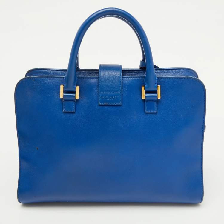 Pre Owned Saint Laurent Blue Leather Medium Monogram Cabas Tote