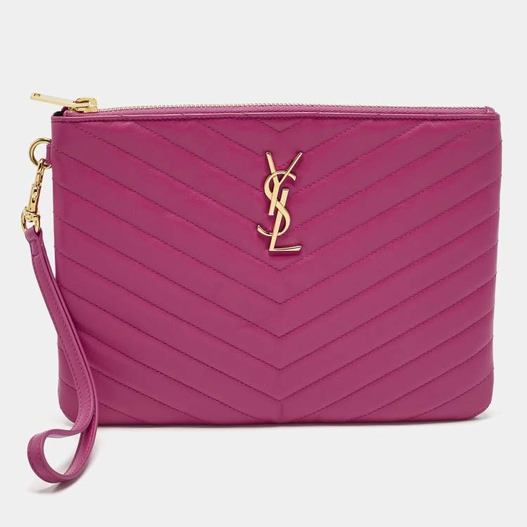 Pre Owned Saint Laurent Fuchsia Matelassé Leather A5 Wristlet Pouch