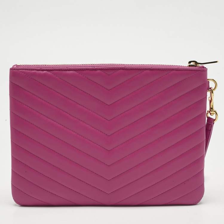 Pre Owned Saint Laurent Fuchsia Matelassé Leather A5 Wristlet Pouch