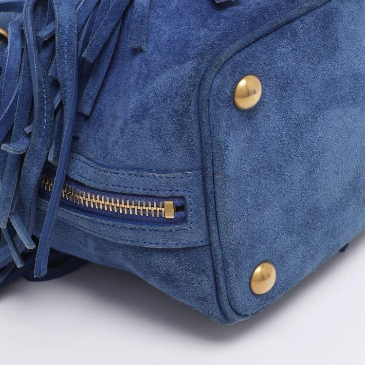 Pre Owned Saint Laurent Navy Blue Suede Emmanuelle Fringe Bucket Bag