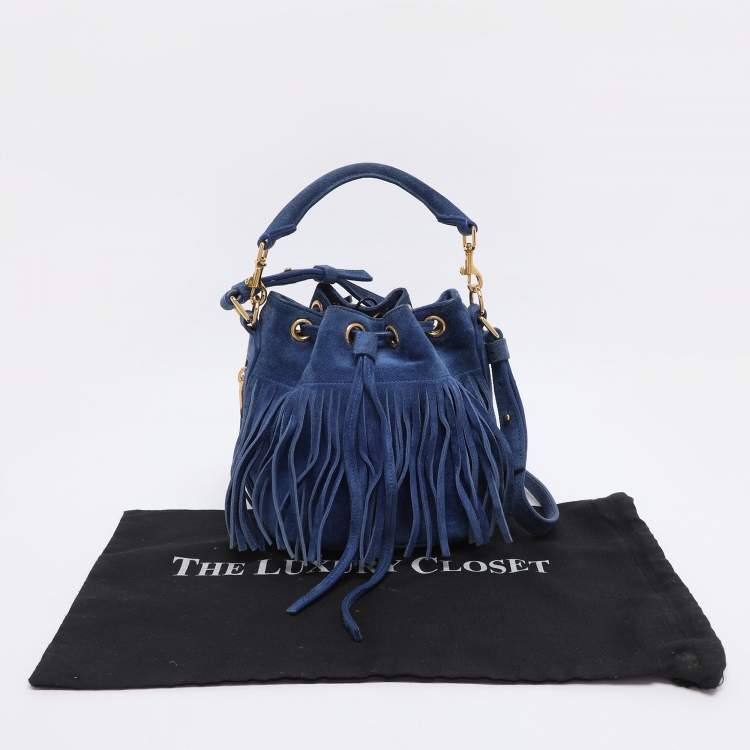 Pre Owned Saint Laurent Navy Blue Suede Emmanuelle Fringe Bucket Bag