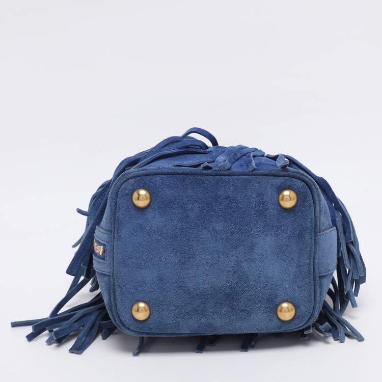 Pre Owned Saint Laurent Navy Blue Suede Emmanuelle Fringe Bucket Bag