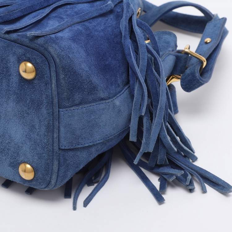 Pre Owned Saint Laurent Navy Blue Suede Emmanuelle Fringe Bucket Bag