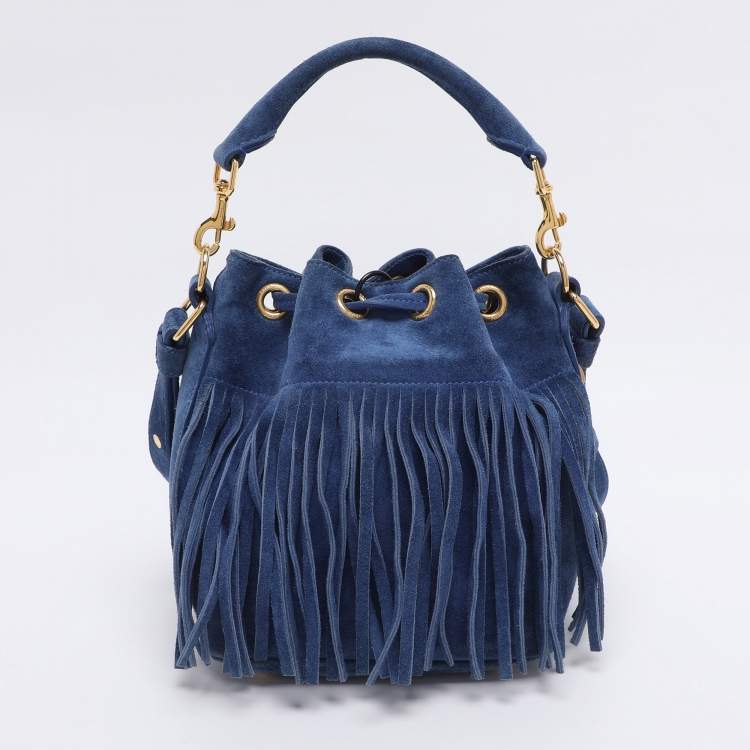 Pre Owned Saint Laurent Navy Blue Suede Emmanuelle Fringe Bucket Bag