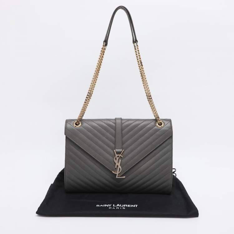 Pre Owned Saint Laurent Grey Matelasse Leather Large Monogram Envelope Shoulder Bag