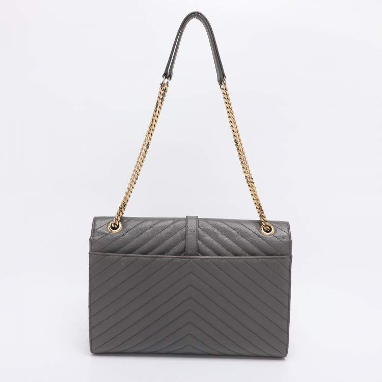 Pre Owned Saint Laurent Grey Matelasse Leather Large Monogram Envelope Shoulder Bag