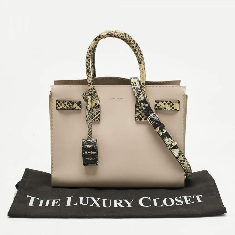 Pre Owned Saint Laurent Beige/Black Leather and Snakeskin Embossed Baby Classic Sac De Jour Tote