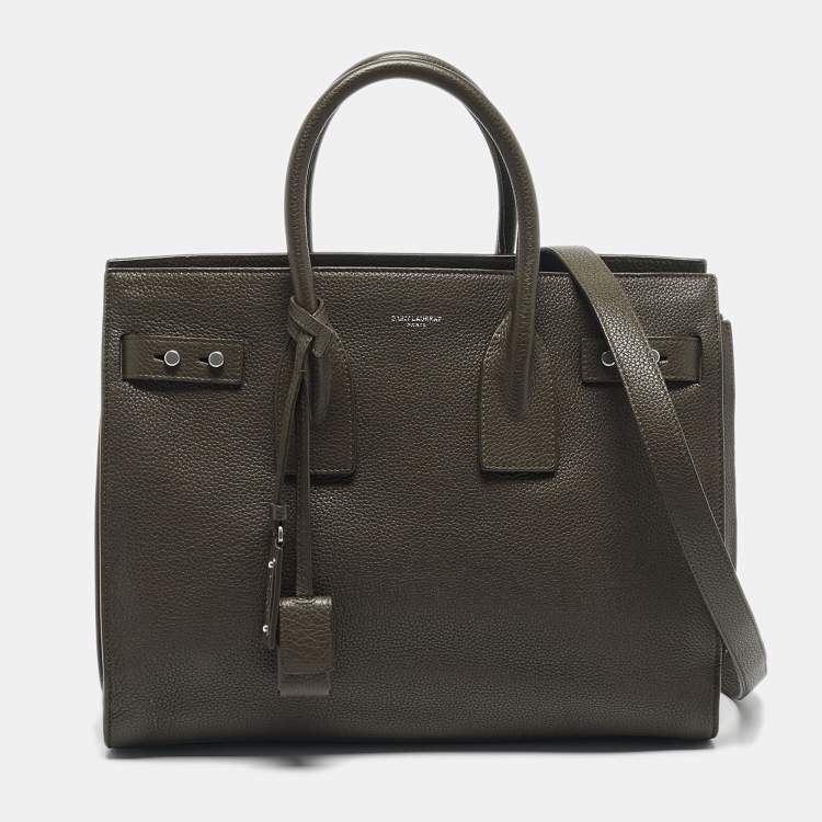 Pre Owned Saint Laurent Olive Green Leather Small Sac De Jour Souple Tote