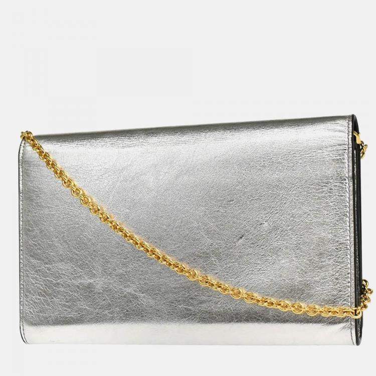 Pre Owned Saint Laurent Paris Belle de Jour Metallic Silver Leather Wallet on Chain