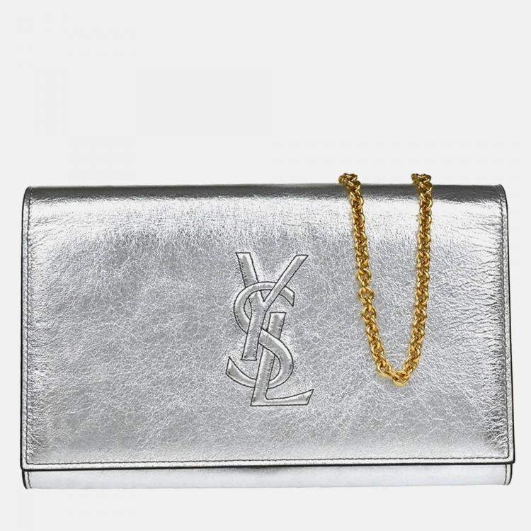 Pre Owned Saint Laurent Paris Belle de Jour Metallic Silver Leather Wallet on Chain
