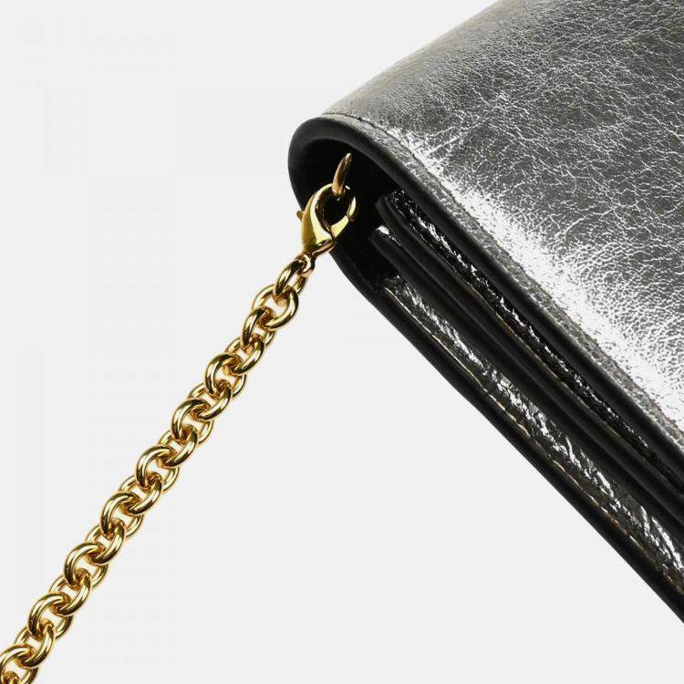 Pre Owned Saint Laurent Paris Belle de Jour Metallic Silver Leather Wallet on Chain