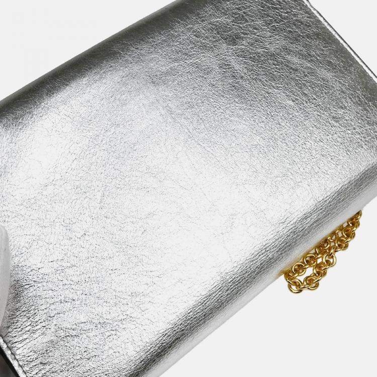 Pre Owned Saint Laurent Paris Belle de Jour Metallic Silver Leather Wallet on Chain